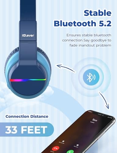 iClever BTH12 Kids Bluetooth Headphones,Colorful LED Lights Kids Headphones Wireless,74/85dBA Safe Volume,85H Playtime,Fast Charging,Bluetooth 5.2,Over Ear,Built-in Mic for iPad/Tablet/Airplane,Blue 5