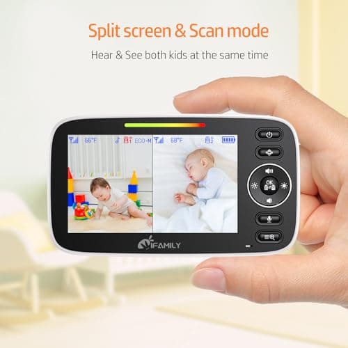 iFamily Split Screen Baby Monitor, Large Display Video Baby Monitor with 2 Cameras and Audio, Long Range, Remote pan tilt, Night Vision, Temperature Sensor, 2 Way Talk, Feeding Clock and lullabies. 2