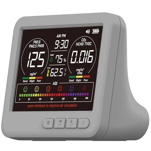 Professional Indoor Air Quality Monitor with 7X AQI,16 in 1 Portable Real-Time Detector for PM2.5 | PM10 | CO2 | TVOC | HCHO | Temp | Hum for Home Cars Plants Pets (Gray)