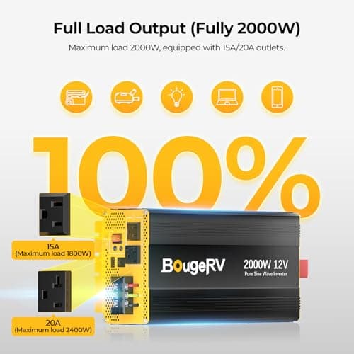 BougeRV 2000W Pure Sine Wave Inverter Convert 12V DC to 120V /110V AC, Fully 2000W Output, Built-in BT for BougeRV APP, Wired Remote Controller, Off-Grid Solar System, RV, Backup Power 2