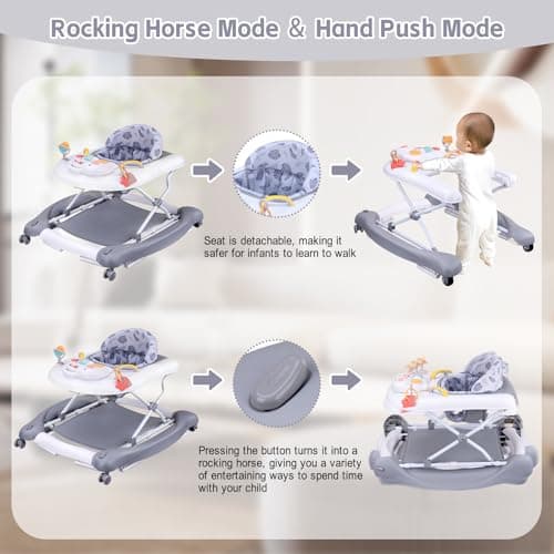 5 in 1 Foldable Baby Walker, Activity Baby Walker-Baby Bouncer, Rocker, Activity Center,Seat and Push Walker,Detachable Trampoline Mat, Adjustable Speed Rear Wheels and Height,Ages 6-18 Months(Grey) 4