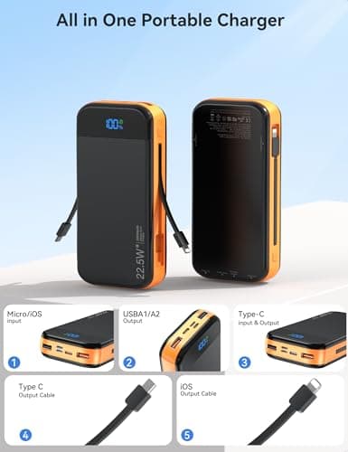 Portable Charger 32000mAh, 22.5W QC 3.0 PD 20W Smart LED Display Fast Charging Built in Cables Power Bank, External Battery Pack Charge 5 Devices Compatible with Cellphones (Orange) 4