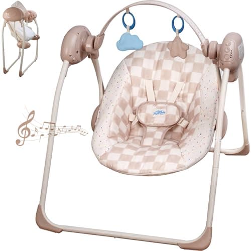 Baby Swings for Infants, Tiny Marvels Portable Swing with Adaptable Speed, Music, Removable-Toy-Bar, Foldable Infant Swing for Indoor and Outdoor Use, 0-9 Months 6-20 lbs(Sander Checker)
