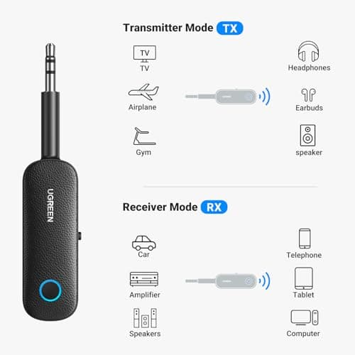 UGREEN Bluetooth Transmitter Receiver for 2 AirPods or BT Devices, Bluetooth Wireless Transmitter for Headphones, 3.5mm Aux Audio Jack Adapter for in-Flight TV Car Home Stereo System 3