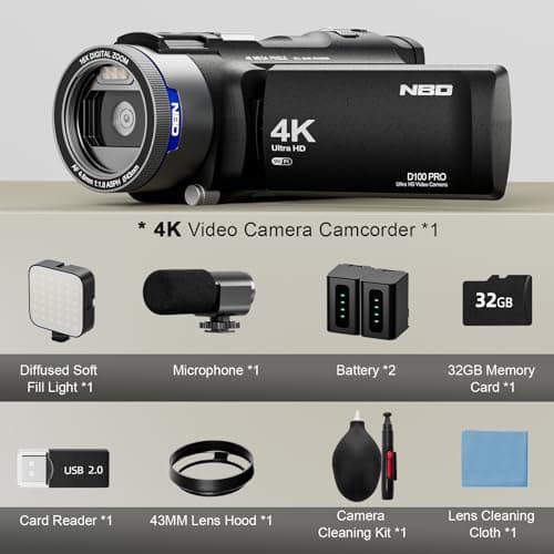 NBD 4K Video Camera Camcorder Ultra 48MP Vlogging Camera for YouTube,16X Digital Zoom Camcorder 3.0" IPS 270° Flip Screen with Mic,Fill Light,2 Batteries and 32G TF Card(Black) 5