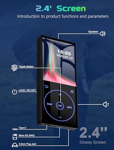 96GB MP3 Player with Bluetooth 5.0: Portable Lossless Sound Music Player with HD Speaker,2.4" Screen Voice Recorder,FM Radio,Touch Buttons,Support up to 64GB for Sport(Earphones&64GB TF Card Included) 5