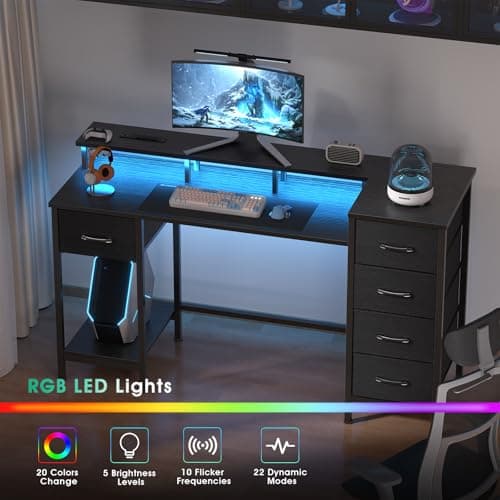Korfile 47 Inch Computer Desk with 5 Fabric Storage Drawers,Gaming Desk with Power Outlets & LED Lights,Reversible Home Office Desk with Monitor Stand for Working Writing Study, Black 5