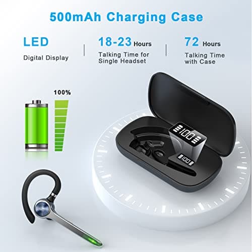 HEIBAS Bluetooth Headset, Wireless Bluetooth Earpiece with 500mAh Charging Case 72 Hours Talking Time Built-in Microphone for iOS Android Cell Phone, V5.1 Hand-Free Headphones for Trucker, Office 2