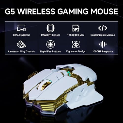 SEUNKWANG EWEADN G5 Wireless Gaming Mouse, 12800 Adjustable DPI RGB Mouse with 6 Backlit Modes, Rapid Fire Key, 9 Programmable Macro Buttons, Rechargeable Bluetooth Mouse for PC/Mac/Laptop - White 2