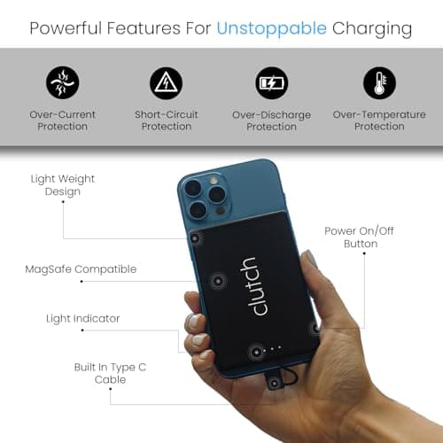 Clutch - Pro USB-C Portable Charger - Compatible with iPhone 15,16, 17 & Android Devices - Power Bank Magnetic Battery - TSA Travel Approved - USB Rechargeable - Built-in Cable - 5000 mAh - 3.7oz 4