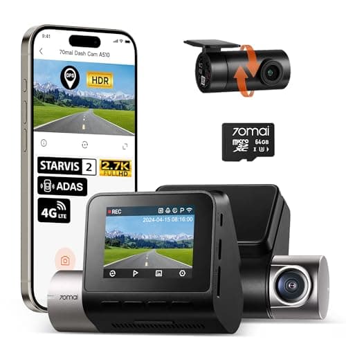 70mai Dash Cam Front and Rear A510,1944P+1080P with STARVIS 2 IMX675 and 64GB Card, Dash Camera for Cars, 4G LTE Support, ADAS, Built-in GPS WiFi, APP Control, HDR, 24H Parking Mode, Loop Recording