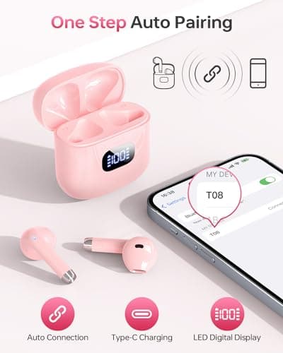 KTGEE Wireless Earbuds Bluetooth 5.3 Headphones, 40Hrs Playback Stereo Ear Buds with LED Display Charging Case IPX7 Waterproof in-Ear Earphones with Mic for Phone Tablet Laptop Sports, Pink 4