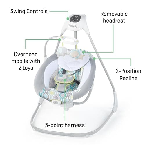 Ingenuity SimpleComfort Lightweight Compact 6-Speed Multi-Direction Baby Swing, Vibrations & Nature Sounds, 0-9 Months 6-20 lbs (Everston) 3