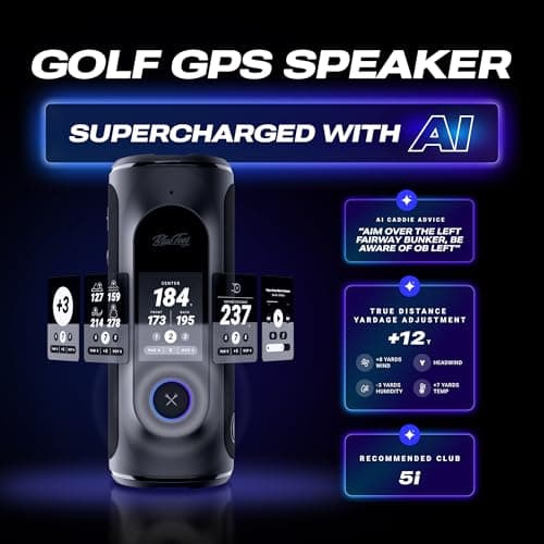 Blue Tees Golf Player+ AI-Powered GPS Speaker - Touchscreen Display, 10+ Hour Battery, 40,000+ Courses, Visual & Audible Distances, Hazard Detection, IPX7 Waterproof (Black) 2