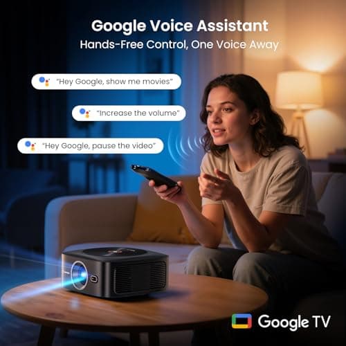 1500 ANSI Official Licensed Google TV Smart Projector, HAPPRUN 4K Full HD Home Theater with Auto Focus, Dolby Sound, Wi-Fi Bluetooth, Built-in Apps, Compatible with Phone & PC, Indoor & Outdoor Use 3