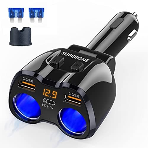 [2025 Upgraded] Cigarette Lighter Splitter, SUPERONE 180W 2-Socket Cigarette Lighter Adapter with Dual QC3.0 and 20W PD USB C Car Charger Splitter for GPS/Dash Cam/Laptop/iPad/iPhone 17/16/15/14/13/12