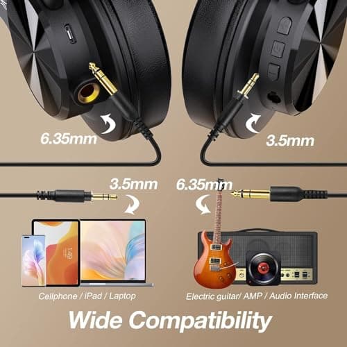 OneOdio A70 Bluetooth Over Ear Headphones, Wireless Headphones with 72H Playtime, Hi-Res, Built-in Mic, 3.5mm/6.35mm Wired Audio Jack for Studio Monitor & Mixing DJ Guitar AMP, Computer PC Gaming 4