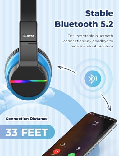 iClever BTH12 Kids Bluetooth Headphones,Colorful LED Lights,74/85dBA Safe Volume,85H Playtime,Bluetooth 5.2,Over Ear Wireless Headphone Built-in Mic for iPad/Tablet/Airplane, Deep Black 5