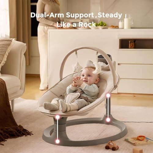 Momcozy 2-in-1 Electric Baby Swing, Dual-Arm Support System & Parent-Inspired Motions, Convertible to Toddler Seat up to 66 lbs, Adjustable Height, Lightweight, Khaki 3