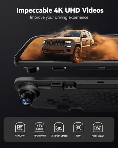 WOLFBOX G840S 12" 4K Mirror Dash Cam Backup Camera, 5.8GHz WiFi Smart Rearview Mirror for Cars & Trucks, Front and Rear View Dual Cameras, Night Vision, Parking Assistance, Included 32GB Card & GPS 2