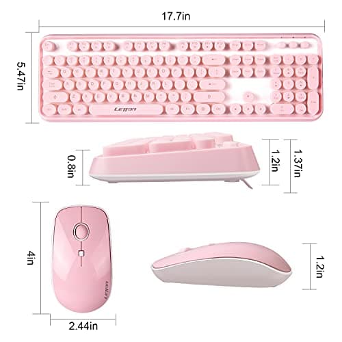 Pink Wireless Keyboard Mouse Combo,104 Round Keys Cute Colorful Keyboard Retro Typewriter Style,Letton Full Size Keyboard with Number Pad&Mouse with 3 DPI for PC Mac Laptop Computer Windows 2