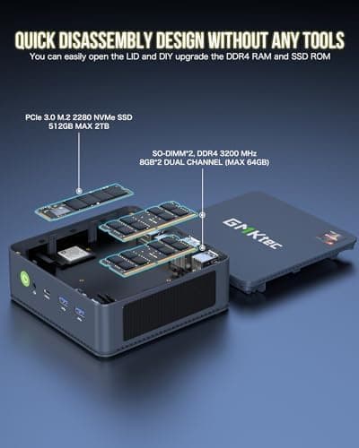 GMKtec Mini PC AMD Ryzen 7 5825U (Turbo 4.5GHz) Dual NIC 2.5G Gaming Desktop Computers 16GB DDR4 512GB SSD Dual LAN 2.5G/ WiFi 6E, USB3.2, USB-C, BT 5.2, DP, HDMI, Dual Fan 3