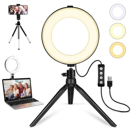 MACTREM 2 in 1 LED 6" Ring Light with Tripod Stand & Clamp for YouTube Video & Makeup, Mini LED Camera Light with Cell Phone Holder, 3 Light Modes & 11 Brightness Levels, Black