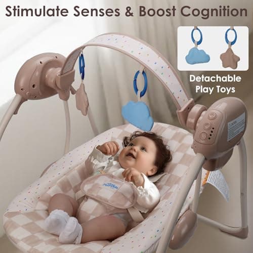 Baby Swings for Infants, Tiny Marvels Portable Swing with Adaptable Speed, Music, Removable-Toy-Bar, Foldable Infant Swing for Indoor and Outdoor Use, 0-9 Months 6-20 lbs(Sander Checker) 3
