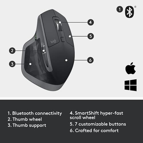 Logitech MX Master 2S Bluetooth Edition Wireless Mouse, Multi-Surface, Hyper-Fast Scrolling, Ergonomic, Rechargeable, Connects Up to 3 Mac/PC Computers - Graphite 5