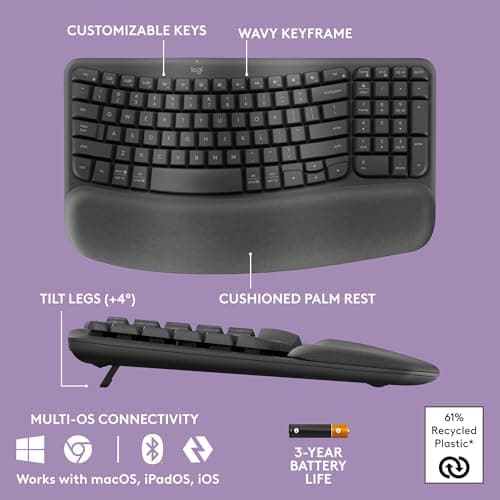 Logitech Wave Keys Wireless Ergonomic Keyboard with Cushioned Palm Rest, Comfortable Natural Typing, Easy-Switch, Bluetooth, Logi Bolt Receiver, for Multi-OS, Windows/Mac - Graphite 4