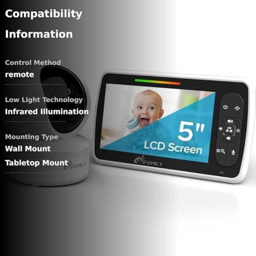 iFamily Baby Monitor - Large 5" Screen with 30Hrs Battery Life - Remote Pan-Tilt-Zoom;No WiFi, Two-Way Audio, Night Vision, Temperature, Lullabies, 960ft Long Range Baby Monitor with Camera and Audio 2