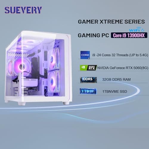 suevery Gaming PC | Core 13th I9 13900HX(24Cores 32Threads Up to 5.4G) RTX 5060 8G GPU | DDR5 32G RAM | Nvme 1TB SSD | Prebuilt Desktop Computer White WiFi 2