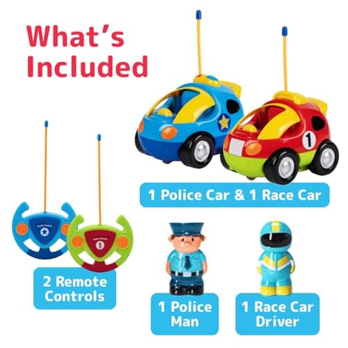 PREXTEX Cartoon Remote Control Car - 2-Pack Police and Race Car Toddler Toys - RC Cars for Kids with Different Frequencies - Easy Remote Control Toy and Thoughtful Gifts for Boys and Girls 3