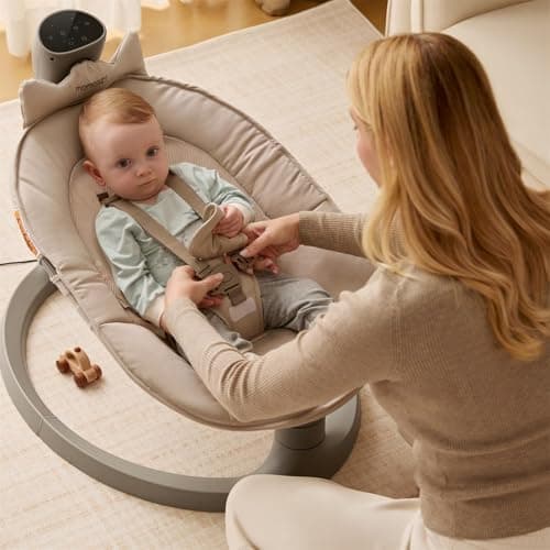 Momcozy 2-in-1 Electric Baby Swing, Dual-Arm Support System & Parent-Inspired Motions, Convertible to Toddler Seat up to 66 lbs, Adjustable Height, Lightweight, Khaki 2