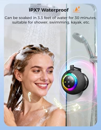 Shower Speaker Bluetooth Waterproof Portable: Birthday Christmas White Elephant Gifts Stocking Stuffers for Adults Teens, IPX7 Loud Sound with Suction Cup Removable, Cool Gadgets with Light-Black 2