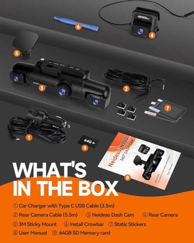 Neideso 360° Dash Cam Front and Rear Inside, 4 Channel FHD 4 * 1080P, Wi-Fi GPS Voice Control Car Camera, Front 2K+1080P*2 Dash Camera for Cars, with 64GB SD Card, Night Vision, 24H Parking Mode(N300) 4