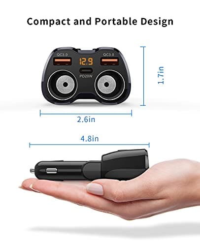 [2025 Upgraded] Cigarette Lighter Splitter, SUPERONE 180W 2-Socket Cigarette Lighter Adapter with Dual QC3.0 and 20W PD USB C Car Charger Splitter for GPS/Dash Cam/Laptop/iPad/iPhone 17/16/15/14/13/12 2