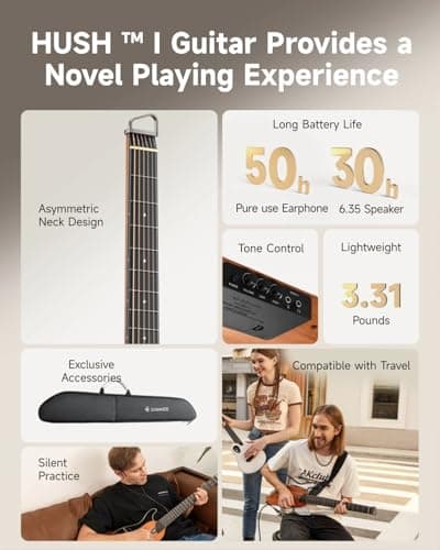 Donner HUSH I Guitar For Travel - Portable Ultra-Light and Quiet Performance Headless Acoustic-Electric Guitar, Mahogany Body with Removable Frames, Gig Bag,and Accessories 2