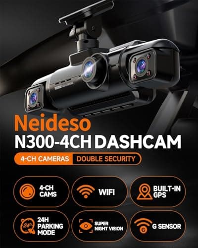 Neideso 360° Dash Cam Front and Rear Inside, 4 Channel FHD 4 * 1080P, Wi-Fi GPS Voice Control Car Camera, Front 2K+1080P*2 Dash Camera for Cars, with 64GB SD Card, Night Vision, 24H Parking Mode(N300) 2