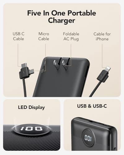 Portable Charger,Power Bank Built-in Cables and AC Wall Plug,VRURC USB C Portable Bank 10000mAh,Travel Essentials Phone Charger Compact Lightweight External Battery Pack for Smart Phones,Tablets-Black 2