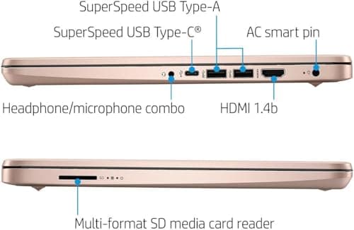 HP Essential Laptop, 14" HD Display, Intel Celeron N4120, 16GB RAM, 64GB eMMC, Webcam, HDMI, Wi-Fi, RJ-45, 1 Year Office 365, Windows 11 Home, Rose Gold 3
