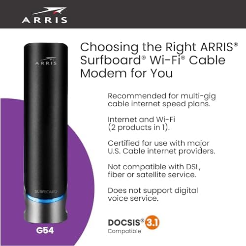 ARRIS (G54) - Cable Modem Router Combo - Fast DOCSIS 3.1 Multi-Gigabit & BE 18000 WiFi 7 Comcast Xfinity, Cox, Spectrum Quad-Band 1, Up to 18 Gbps Max Speed 2