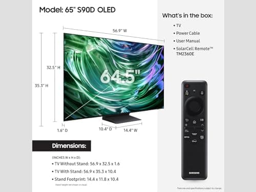 SAMSUNG 65-Inch Class OLED 4K S90D Series HDR+ Smart TV w/Dolby Atmos, Object Tracking Sound Lite, Motion Xcelerator, Real Depth Enhancer, 4K AI Upscaling, Alexa Built-in (QN65S90D, 2024 Model) 2
