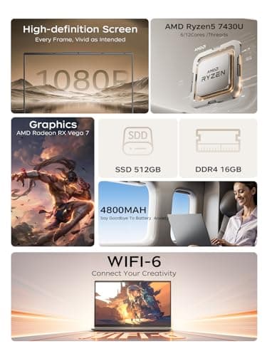 Laptop with AMD Ryzen 7430U Processor (UP to 4.3GHZ,6C/12T),16GB DDR4 RAM 512GB SSD,AMD Radeon Graphics,Windows 11 Computer ,WiFi 6,15.6 Inch Full HD IPS Display,2025 Laptops for Work Business Student 2