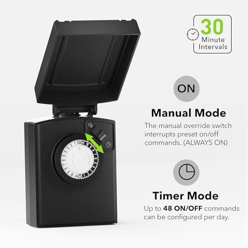 BN-LINK 24 Hour Heavy Duty Mechanical Timer, Outdoor Timer Outlet Waterproof with 30 Minutes Intervals, 2 Grounded Outlets for Christmas Lights Pool Pump,15A 1/2HP, ETL Listed 3