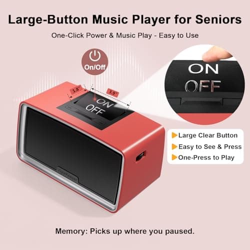 VigorKeeper Simple Music Player for Seniors with Dementia Alzheimer's, Large Button One-Touch Play, Easy-to-Use Audiobook Player Dementia Products for Elderly Parents Grandparents (Red) 2