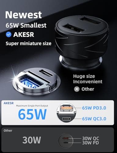 AKESR 65W USB C Car Charger Fast Charging，12V USB Outlet Accesorios para Carro，Compact Cigarette Lighter Adapter，Car Phone Charger for iPhone/17/16/15/14/13 Samsung S25 S24 S23Google Android 2
