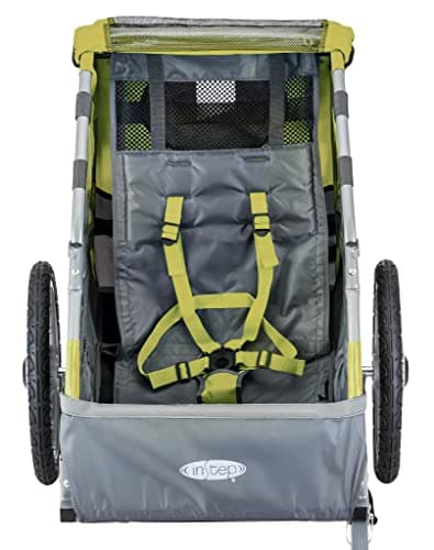 Instep Sync Single Seat Bike Child Trailer, Max Weight 40 lbs., 5-Point Harness, Folding Frame, Quick Release Wheels, Easy Storage, Bug Screen & Weather Shield, Green/Grey 3