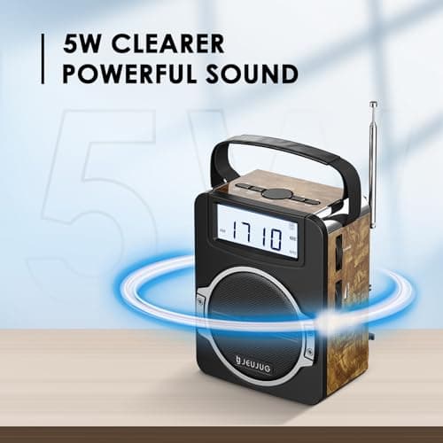 JEUJUG Radio Portable AM FM Digital Radios Clock Radio with Bluetooth 5 Watts Loud Speaker Rechargeable AM FM Radios Plug in Wall Battery Operated Best Reception for Home Outdoor Great Retro 4