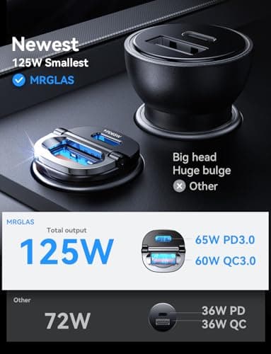 【Upgraded】 125W Car Charger USB C Super Fast Charging, [PD65W & QC60W][All Metal] MRGLAS Cigarette Lighter Car Charger, Car Accessories for iPhone 17 16 Pro Max Air iPad Samsung S25 Pixel 10 2